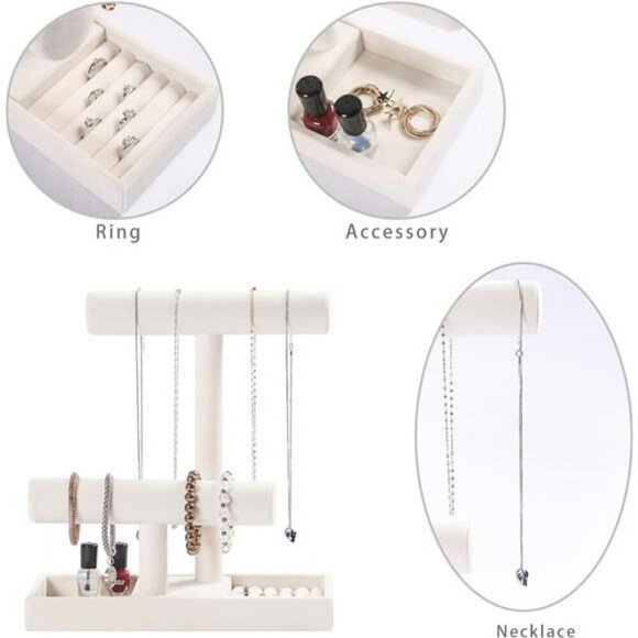 Velvet Jewelry Organizer Stand Bracelet Necklace Holder with Ring Tray Beige - Picture 4 of 8